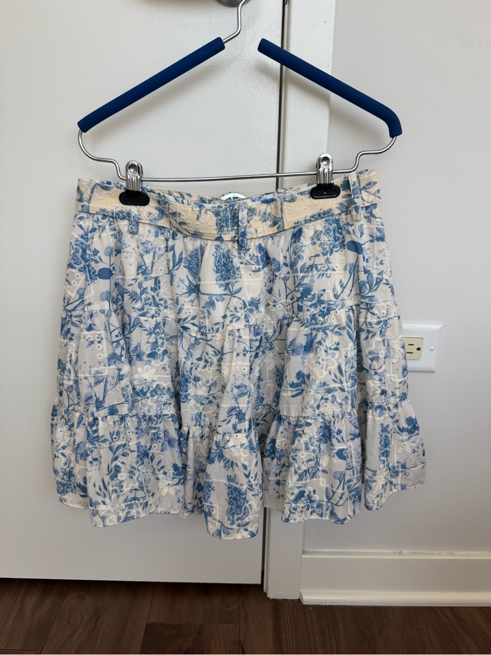 English Factory Blue and Cream Floral Tiered Skirt with Belt - Picture 3 of 6